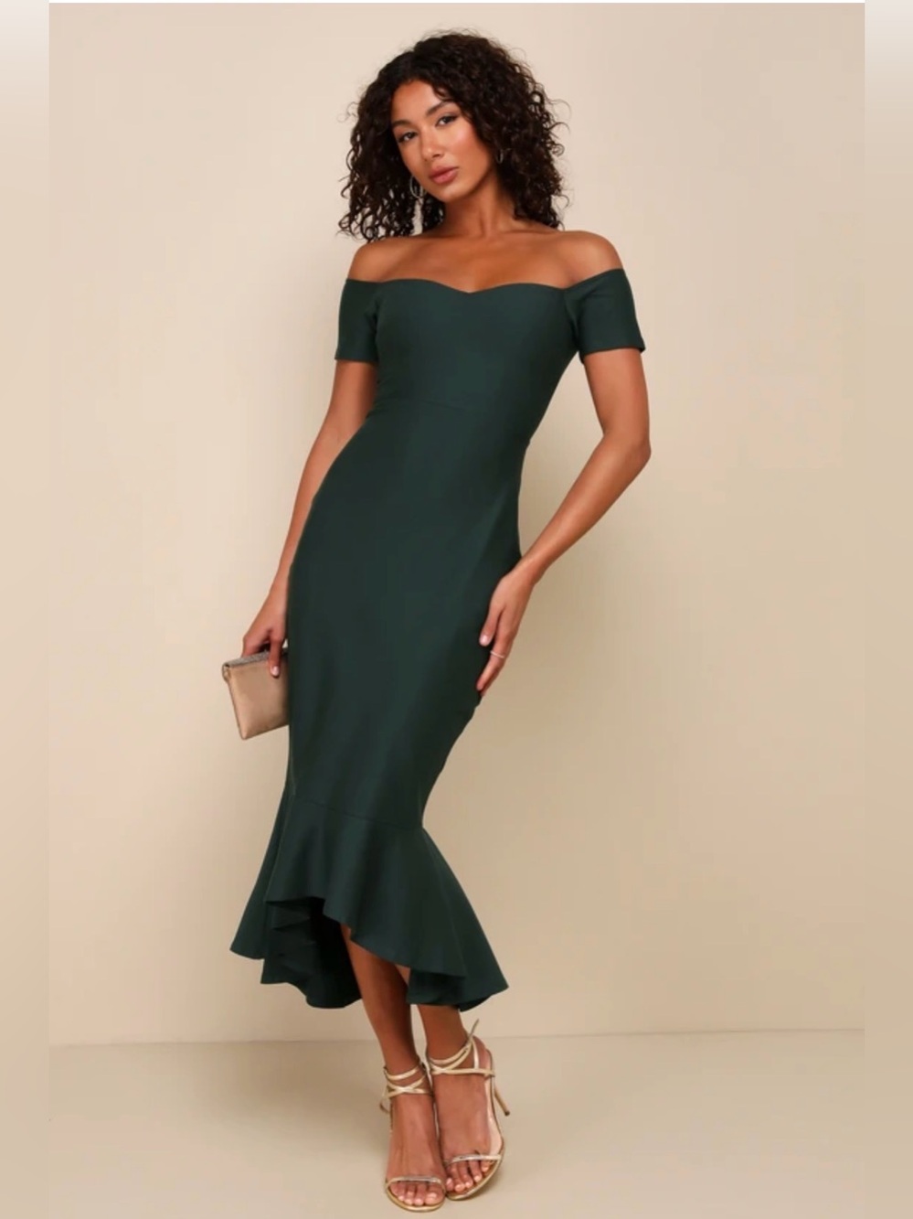 Lulu’s Off-Shoulder Forest Green Mermaid Midi Dress | Size S